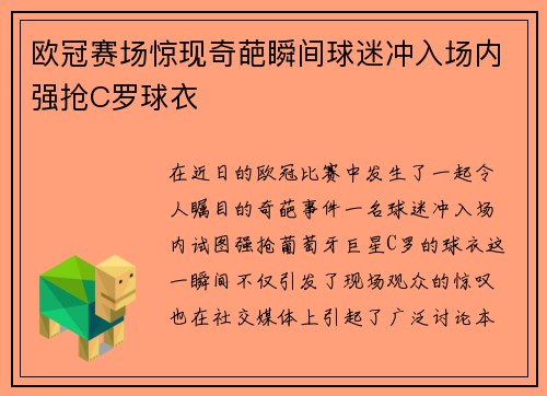 欧冠赛场惊现奇葩瞬间球迷冲入场内强抢C罗球衣