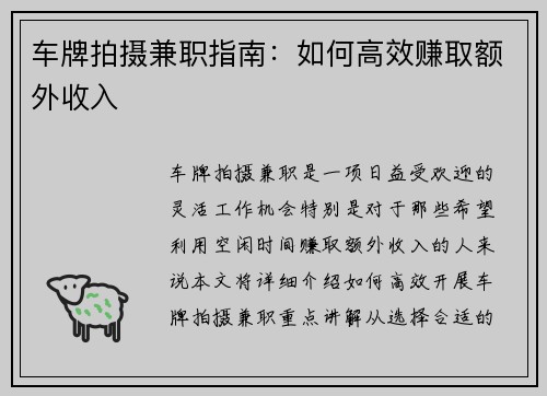 车牌拍摄兼职指南：如何高效赚取额外收入