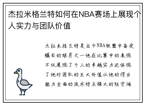 杰拉米格兰特如何在NBA赛场上展现个人实力与团队价值