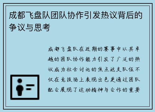 成都飞盘队团队协作引发热议背后的争议与思考