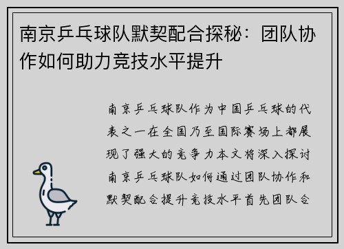 南京乒乓球队默契配合探秘：团队协作如何助力竞技水平提升