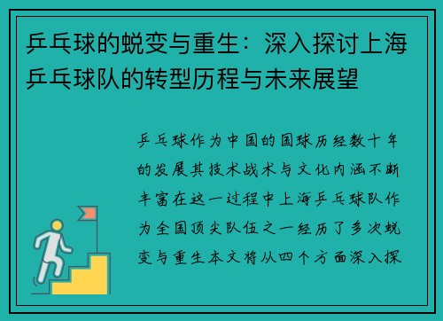 乒乓球的蜕变与重生：深入探讨上海乒乓球队的转型历程与未来展望