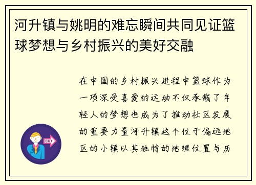 河升镇与姚明的难忘瞬间共同见证篮球梦想与乡村振兴的美好交融