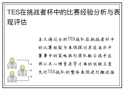 TES在挑战者杯中的比赛经验分析与表现评估