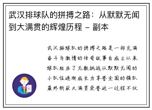 武汉排球队的拼搏之路：从默默无闻到大满贯的辉煌历程 - 副本