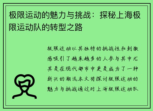 极限运动的魅力与挑战：探秘上海极限运动队的转型之路